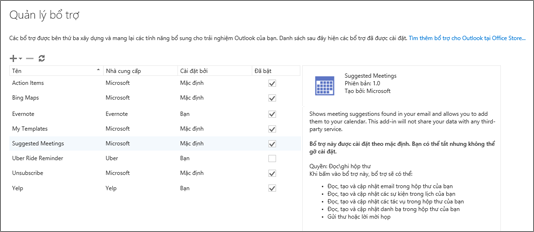 Ảnh chụp màn hình cửa sổ "Quản lý phần bổ trợ", nơi bạn có thể thêm hoặc loại bỏ các phần bổ trợ, xem thông tin về một phần bổ trợ và đi đến Office Store để tìm thêm phần bổ trợ cho Outlook. Phần bổ trợ Cuộc họp Được đề xuất được chọn và thông tin về phần bổ trợ này được hiển thị.