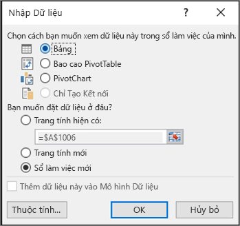 Hộp thoại Nhập dữ liệu từ Excel 2016