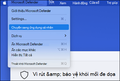 Menu cài Microsoft Defender mở để hiển thị "Chuyển sang ứng dụng cá nhân" được chọn.