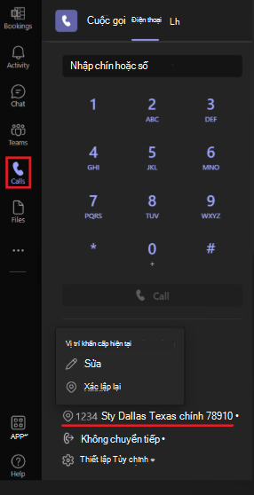 Hình ảnh hiển thị Teams bàn phím số với Cuộc gọi được hộp màu đỏ.