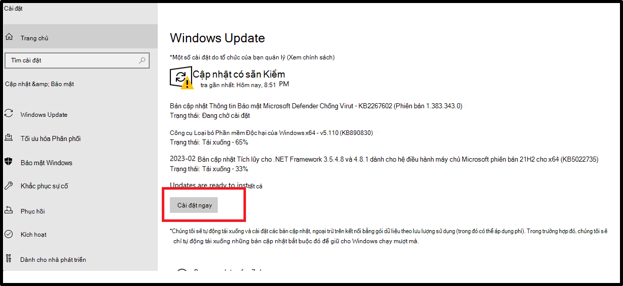 Windows Update giao diện người dùng Cài đặt