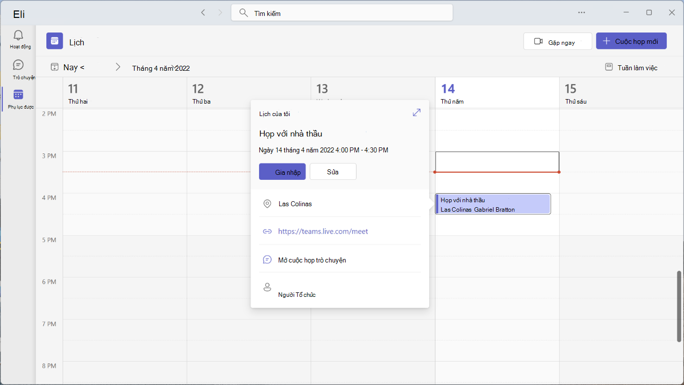 Lịch Outlook hiển thị cửa sổ cuộc họp lịch.