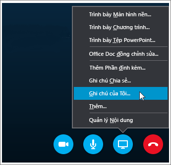 Ảnh chụp màn hình về cách chia sẻ các ghi chú OneNote 2016 trong Skype for Business.