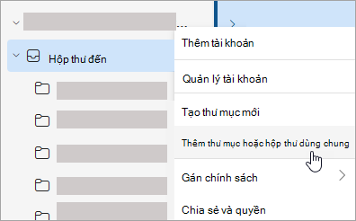 Ảnh chụp màn hình hiển thị lựa chọn Thêm thư mục hoặc hộp thư dùng chung