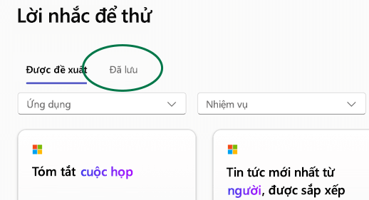 Thư viện lời nhắc của Copilot Lab với tab Lời nhắc đã lưu được tô sáng.