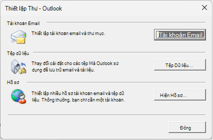 Thiết lập Thư - Hộp thoại Outlook được truy nhập thông qua thiết đặt Thư trong Panel điều khiển.