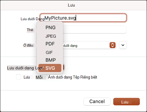 Hộp thoại Lưu như trong PowerPoint 2021 for Mac với tùy chọn SVG được chọn