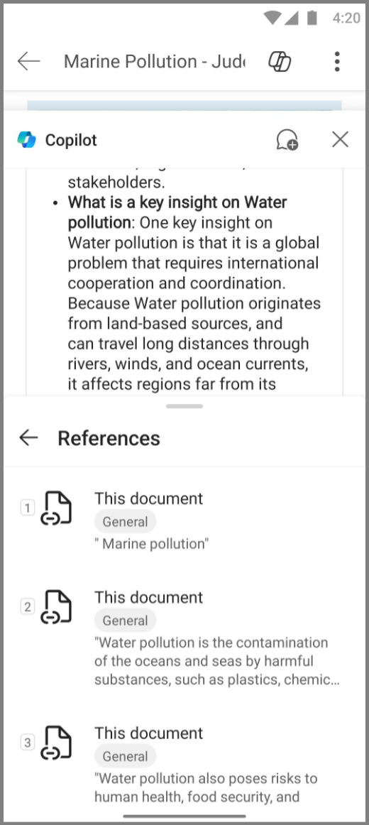 Ảnh chụp màn hình Copilot trong Word trên thiết bị Android với Tài liệu tham khảo cho phản hồi của Copilot