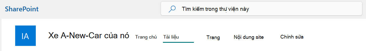 Menu thanh trên cùng của Site SharePoint với tùy chọn Tài liệu được chọn.