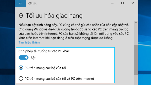 Cài đặt cho Tối ưu hóa Phân phối trong Windows 10
