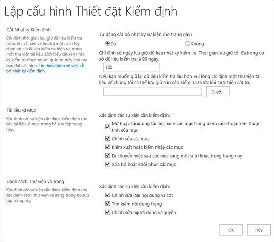 Cấu hình thiết đặt Kiểm tra trong hộp thoại Thiết đặt Site