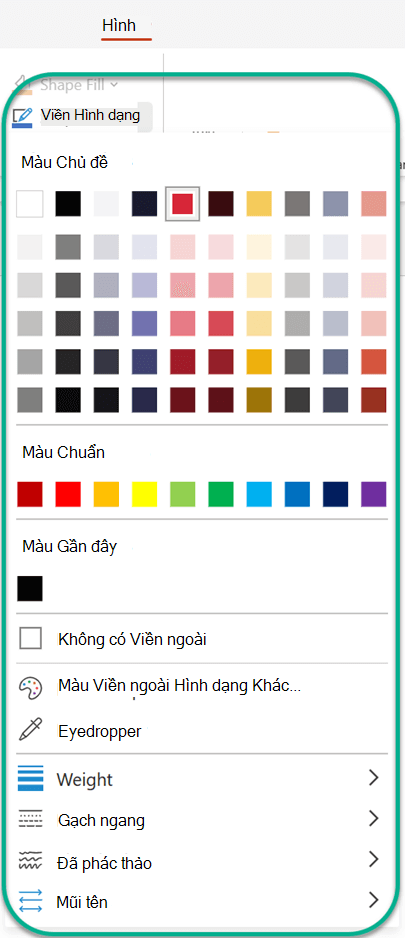 Trên tab Hình dạng, bên dưới Viền ngoài Hình dạng, bạn có thể chọn màu để áp dụng cho hình đang được chọn.