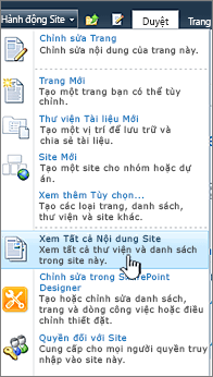 Xem tất cả nội dung site trên menu Hành động site