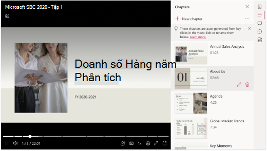 Video đang mở trong trình duyệt. Ở bên phải video, pa-nen hiển thị danh sách các chương được tạo tự động từ PowerPoint.