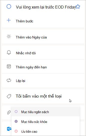 Khi chi tiết tác vụ được hiển thị, hãy chọn Chọn một thể loại để gán một thể loại mà bạn đã tạo trong Outlook.