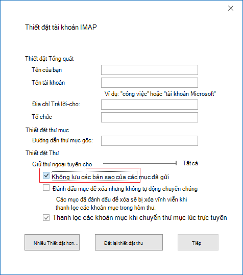 Thiết đặt Tài khoản IMAP, Không lưu bản sao của Các mục Đã gửi