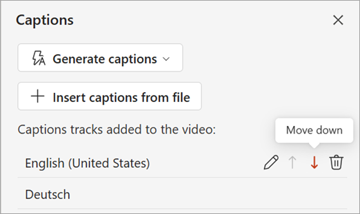 Nút Di chuyển xuống cho bản nhạc phụ đề trong ngăn Phụ đề.