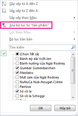 Bộ sưu tập bộ lọc hiện lệnh Xóa Bộ lọc