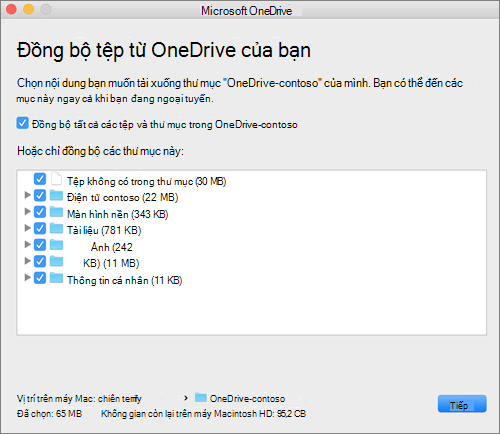 Ảnh chụp màn hình menu OneDrive thiết lập hàng đầu để chọn thư mục hoặc tệp cần đồng bộ.