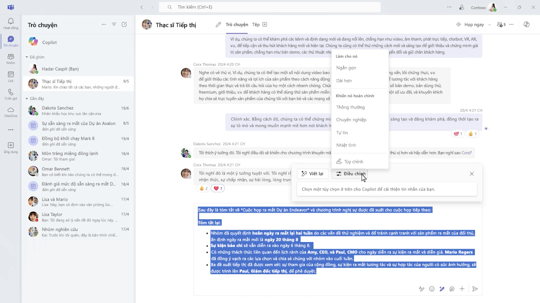 Soạn Copilot trong cuộc trò chuyện của Microsoft Teams.