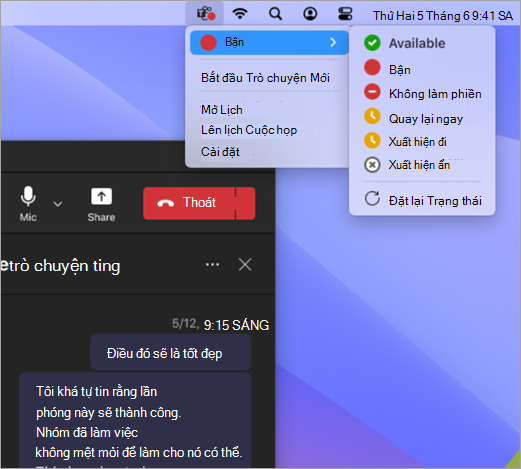 Ảnh chụp màn hình hiển thị menu hành động nhanh cho Teams trên máy Mac.