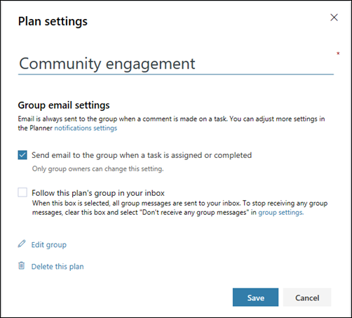 Chụp màn hình: Hiển thị cài đặt "Gửi email tới nhóm của kế hoạch..." để biết cài đặt gói