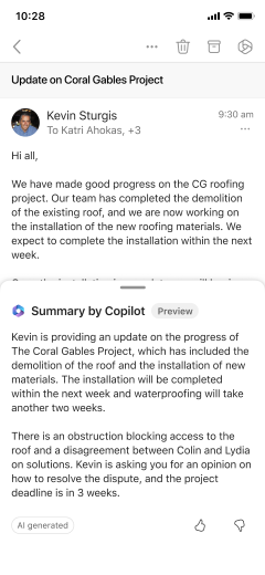 Tóm tắt email từ Copilot trên iOS và Android