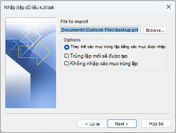 Trên màn hình Nhập Tệp Dữ liệu Outlook, duyệt để tìm tệp .pst mà bạn muốn nhập. Chọn từ các tùy chọn về cách bạn muốn xử lý các trùng lặp.