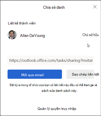 Bạn có thể chọn Mời qua email hoặc Sao chép liên kết để chia sẻ danh sách với người khác.