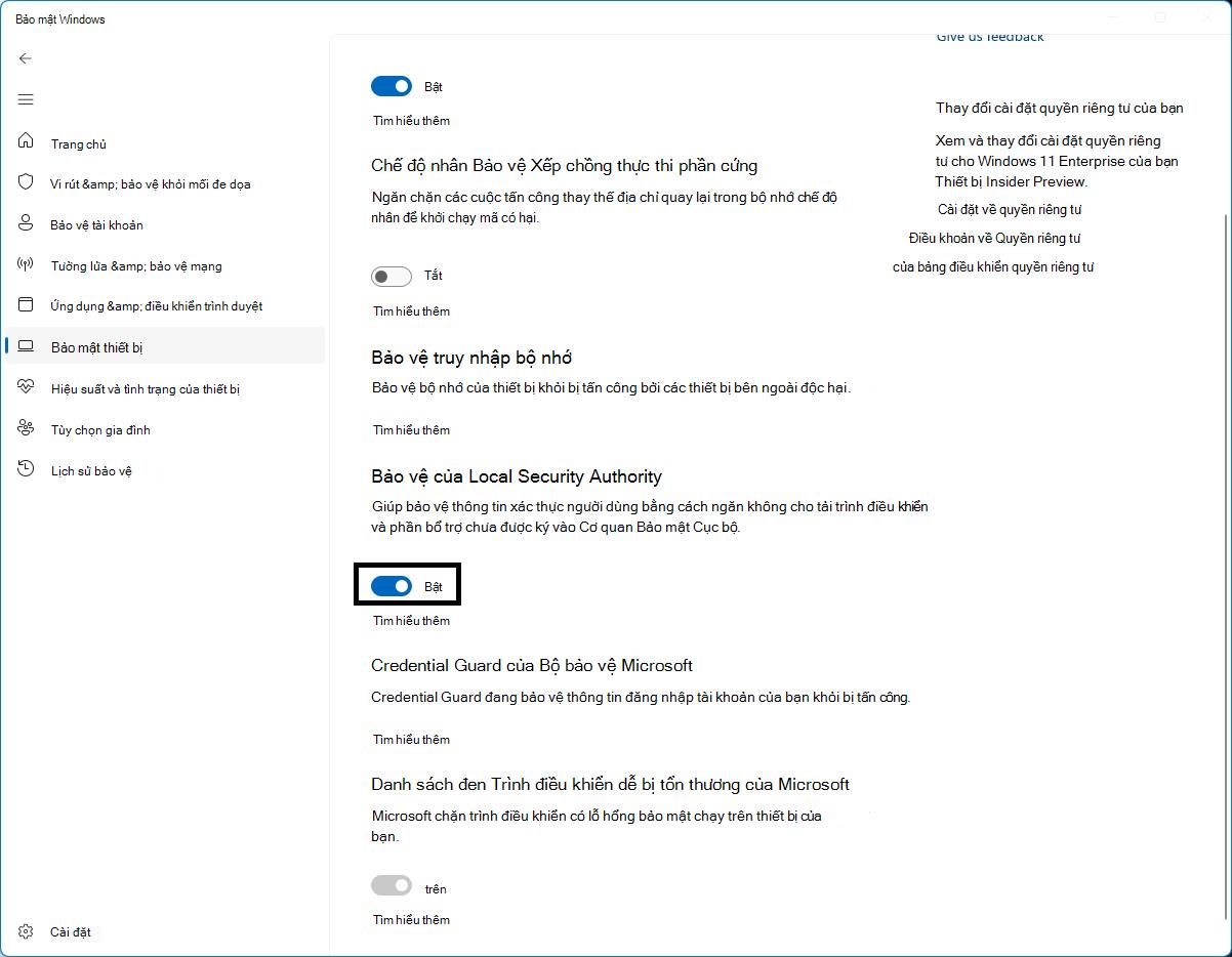 Kiểm soát bảo vệ LSA trên trang Phân tách Lõi của Ứng dụng Bảo mật Windows
