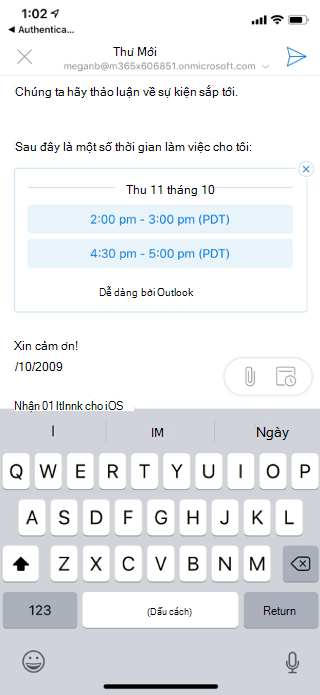 Hiển thị màn hình iOS với thời gian có sẵn được liệt kê trong một bản thảo email ở góc trên bên trái, có một nút "X".