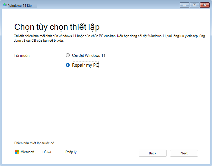 Ảnh chụp màn hình Windows 11 thiết lập với lựa chọn sửa CHỮA PC.