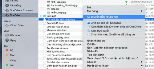Chọn menu bấm chuột phải để xóa tệp khỏi OneDrive trong Trình tìm kiếm trên máy Mac