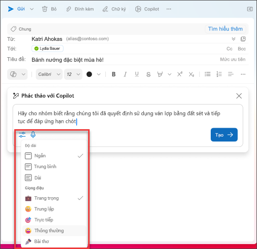 Tùy chọn độ dài và tông màu khi soạn email trong Outlook với Copilot