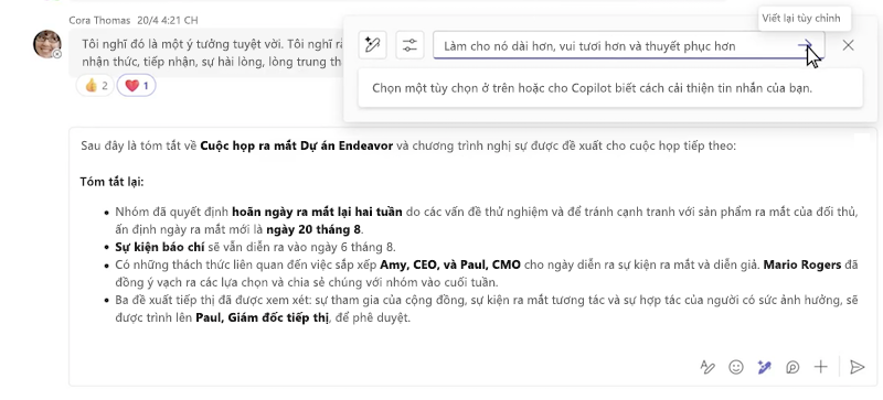 Tùy chỉnh viết lại tin nhắn bằng Copilot trong cuộc trò chuyện Microsoft Teams.