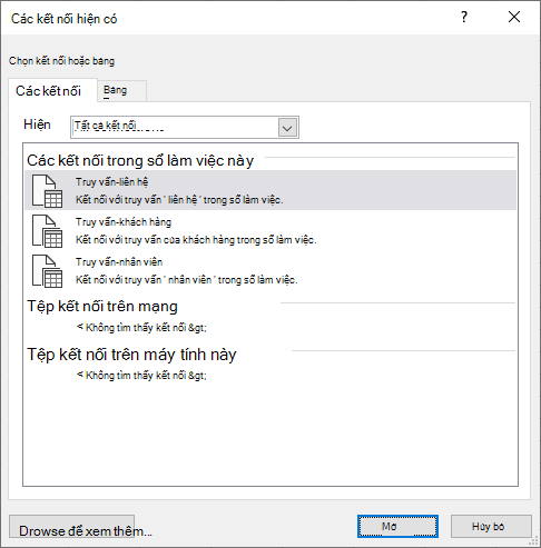 Hộp thoại Connectios hiện có trong Excel hiển thị danh sách các nguồn dữ liệu hiện đang được sử dụng trong sổ làm việc