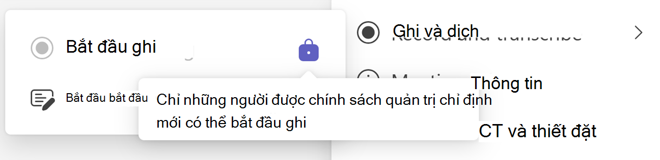 Ảnh chụp màn hình nút Bắt đầu ghi của Teams với biểu tượng Khóa và chú giải công cụ