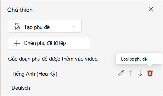 Nút Loại bỏ phụ đề cho bản nhạc phụ đề trong ngăn Phụ đề.