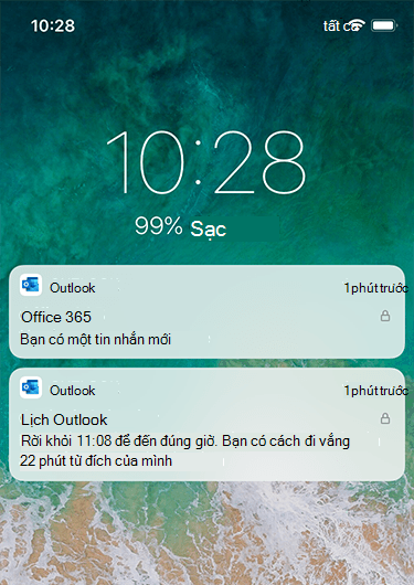 Hình ảnh hiển thị màn hình khóa của iPhone với thông báo Outlook không hiển thị bất kỳ thông tin chi tiết nào, khác với thư mới được nhận.