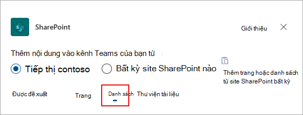 Chọn Danh sách để thêm danh sách vào kênh Teams của bạn.