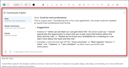 Gợi ý của Copilot về giọng điệu, độ rõ ràng và cảm nhận của người đọc trong Outlook dành cho thiết bị di động