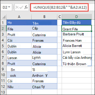 Sử dụng UNIQUE với nhiều phạm vi để kết hợp các cột Họ/Tên thành Họ Tên.