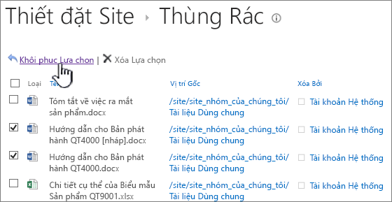 Thùng rác mức 2 của SharePoint 2013 với nút khôi phục được tô sáng