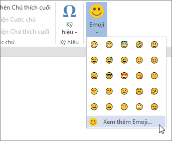 Bấm vào Thêm Emojis trên nút Emojis trên tab chèn để chọn từ tất cả các emojis sẵn dùng.