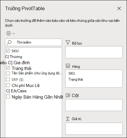 Trường PivotTable trong Excel cho web