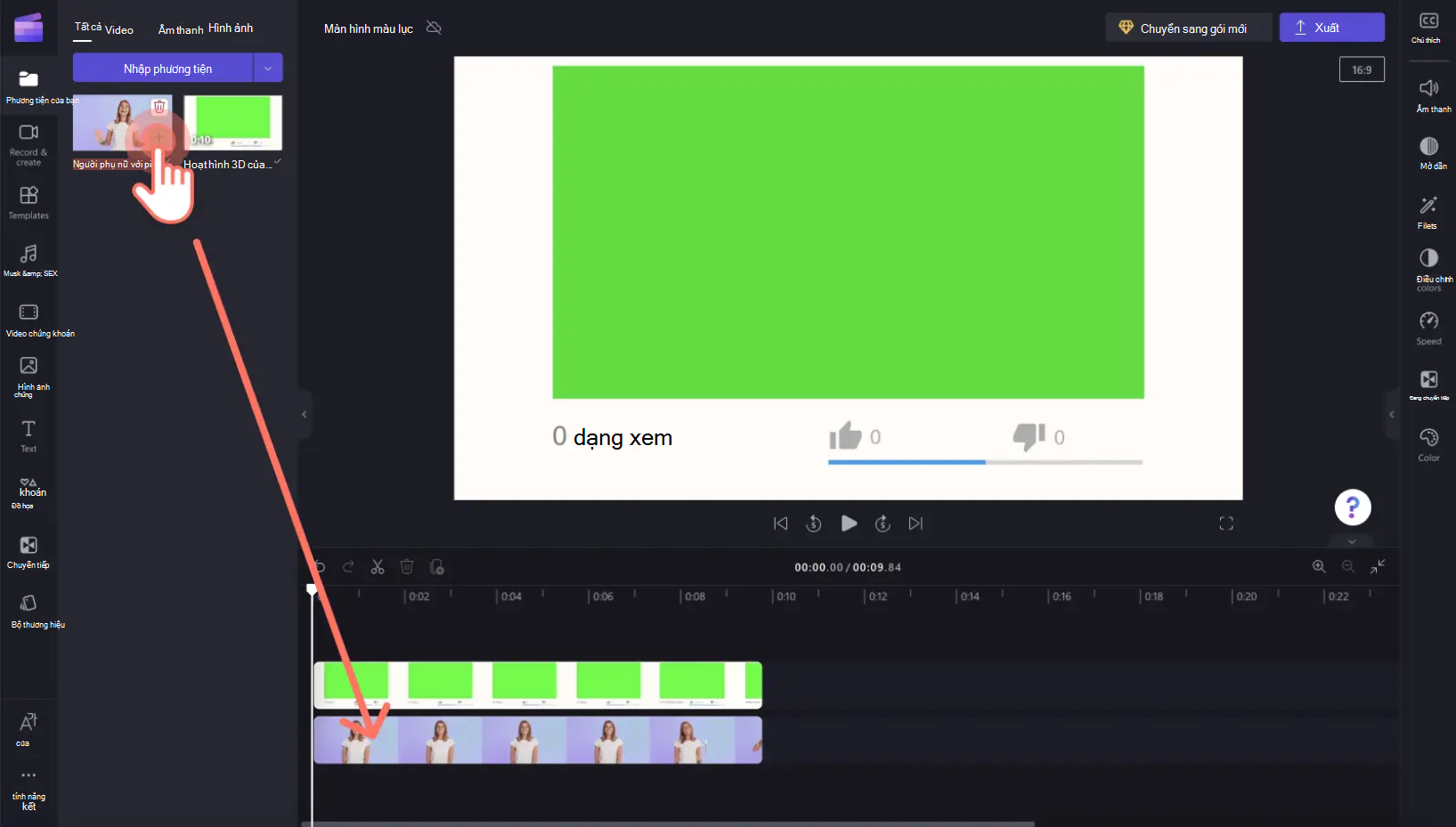 Hình ảnh về việc thêm video bên dưới cảnh màn hình màu xanh lục trong Clipchamp