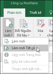 Làm mới tất cả PivotTable từ Dải băng > Công cụ PivotTable > Phân tích > Dữ liệu, bấm vào mũi tên bên dưới nút Làm mới và chọn Làm mới Tất cả.