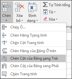 Để thêm một cột bảng từ tab Trang đầu, hãy bấm vào mũi tên để > Chèn Cột Bảng sang Bên trái.
