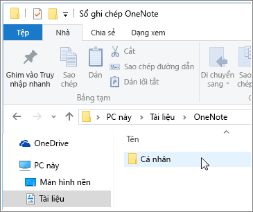 Ảnh chụp màn hình của thư mục Tài liệu Windows với thư mục sổ ghi chép OneNote có thể nhìn thấy được.