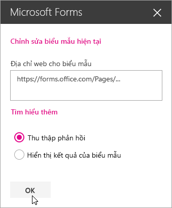 Sau khi đã tạo một biểu mẫu mới, pa-nen phần web Microsoft Forms hiển thị địa chỉ web của biểu mẫu.